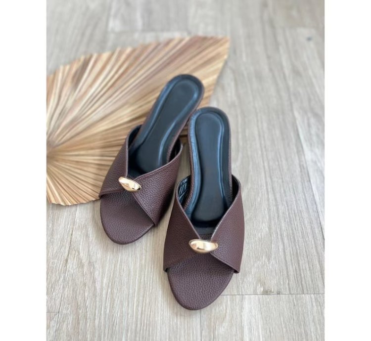 Leather Slide Sandals Gold Ring Detail 5cm Block Heel Mules
