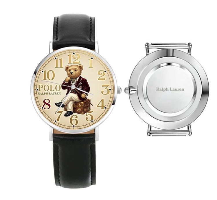 Preppy Dapper Sitting Bear Cream Dial Mens Watch235 Leather Black