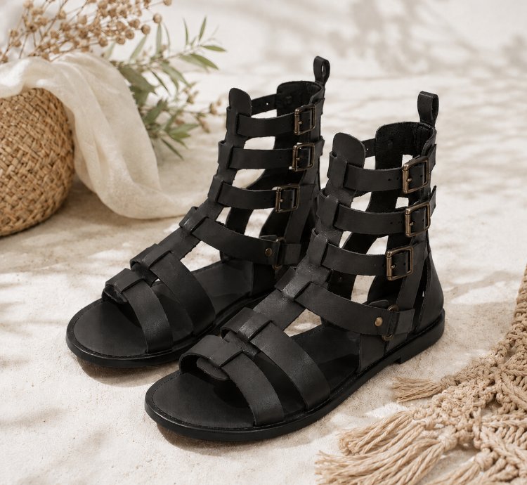Handmade Genuine Leather Gladiator Sandals In Black