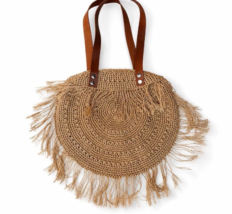 Handmade Crochet Fringe Tote Bag Boho Round Shoulder Purse Bali Woven Beach Handbag