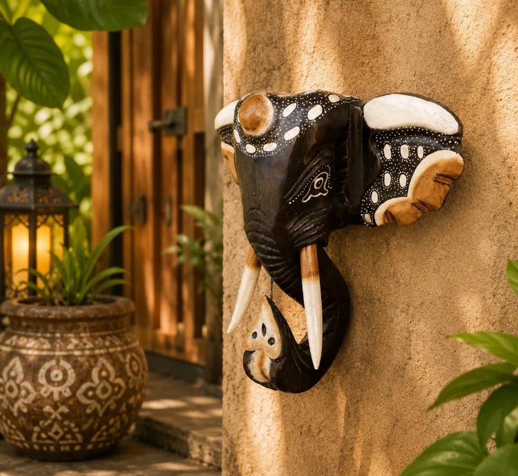 Hand Carved Elephant Head Wall Decor Balinese Albesia Wood Sculpture Boho Animal Art Accent In Black