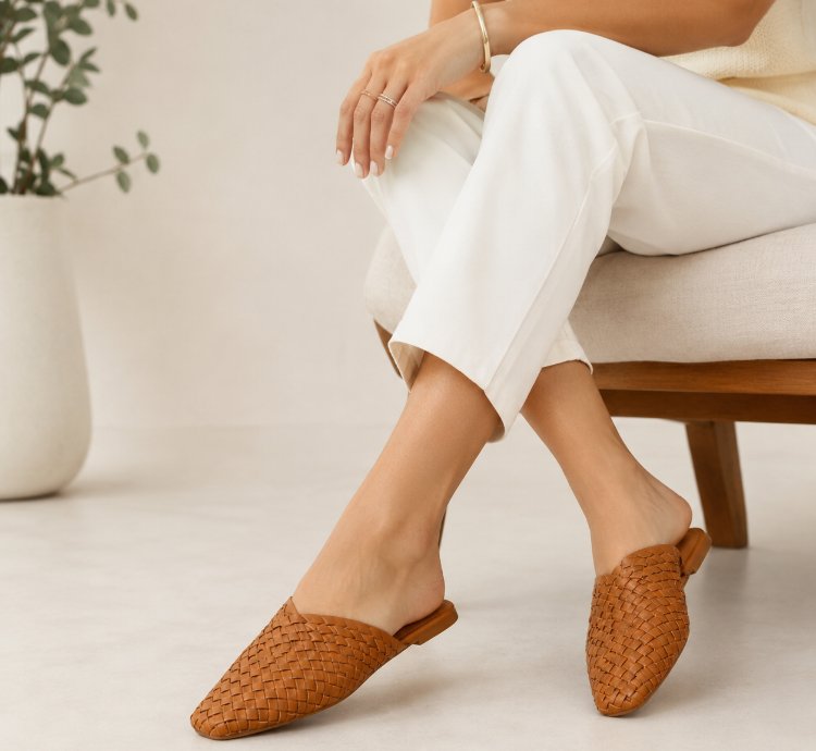 Handwoven Bali Leather Slides Womens Woven Sandals Anti-slip Flats In Tan