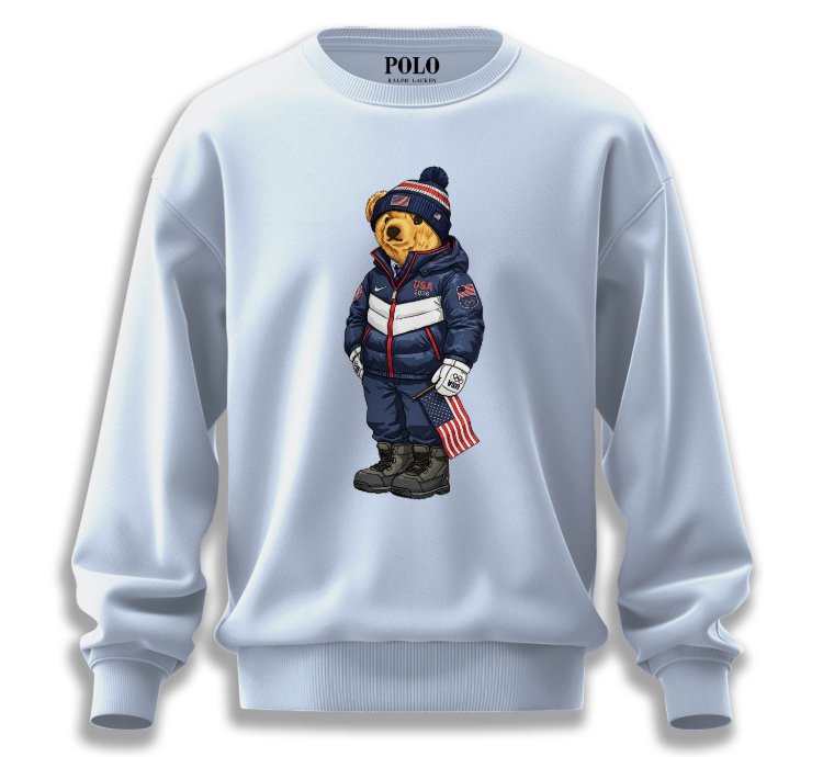 Patriotic American Bear Sweatshirt Light Blue