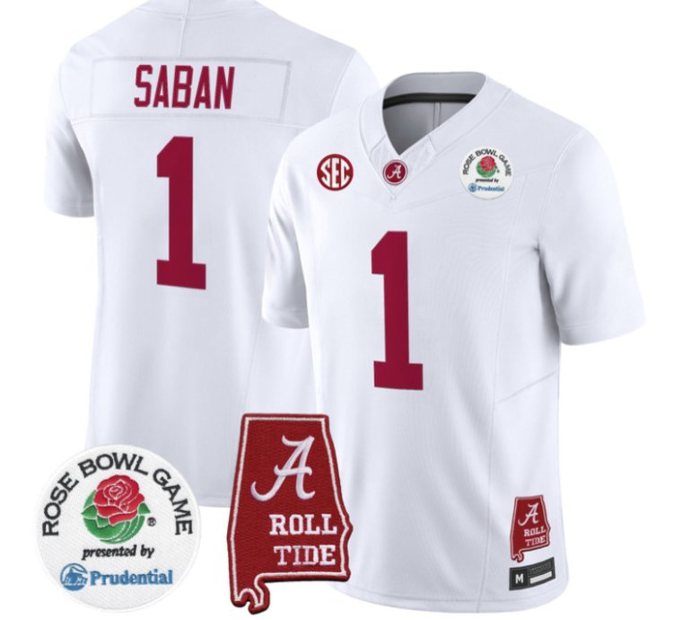Nick Saban Jersey 1 Alabama Crimson Tide 2026 Rose Bowl Patch Stitched White