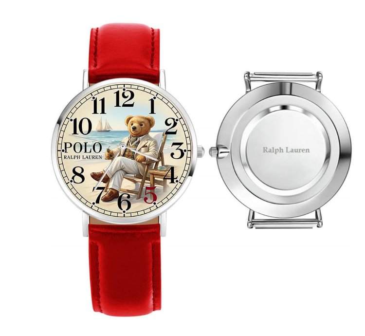 Sleek Beach Teddy Bear Illustration Mens Wrist Watch224 Leather Red