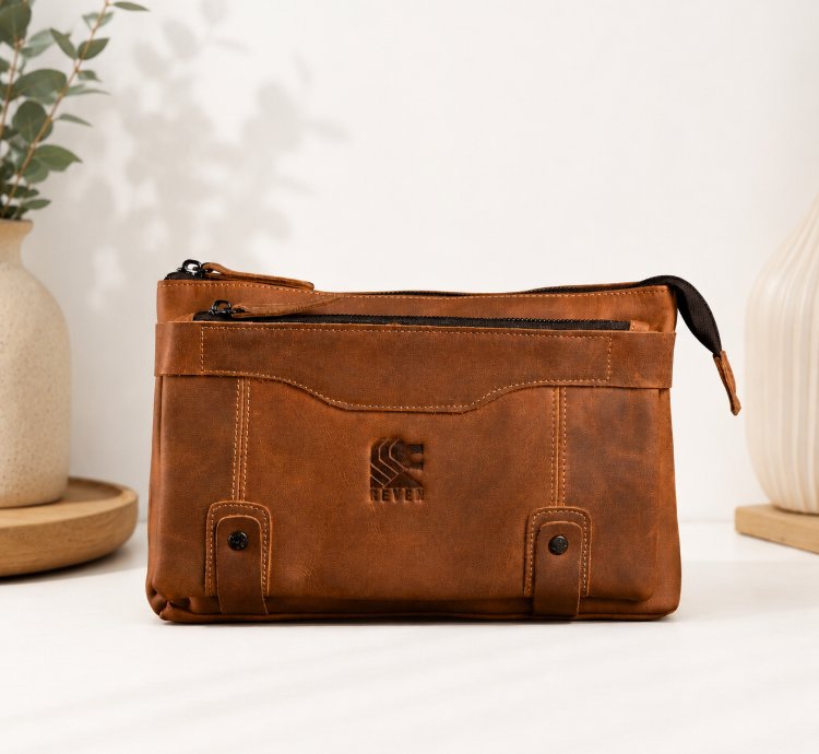 Premium Full Grain Crazy Horse Leather Mens Clutch In Tan