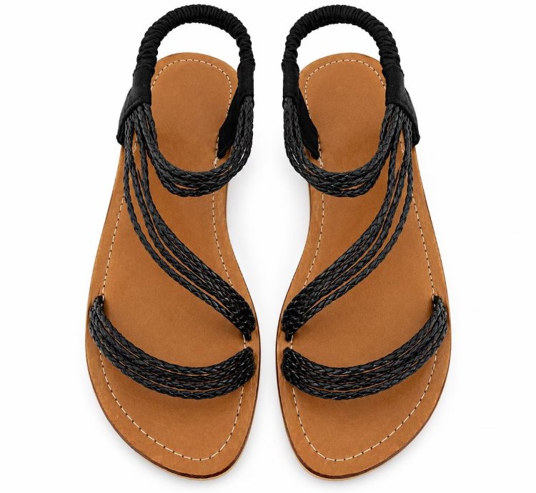 Handmade Bali Leather Gladiator Sandals Boho Braided Straps Resort Wear In Black