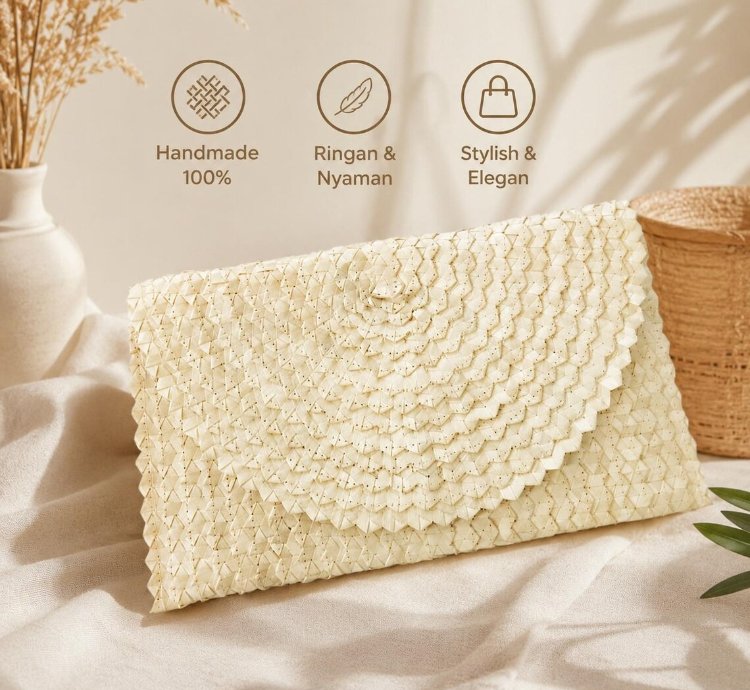 Handwoven Bali Pandan Clutch Bag Natural Woven Envelope Purse For Women Boho Summer Handbag In White