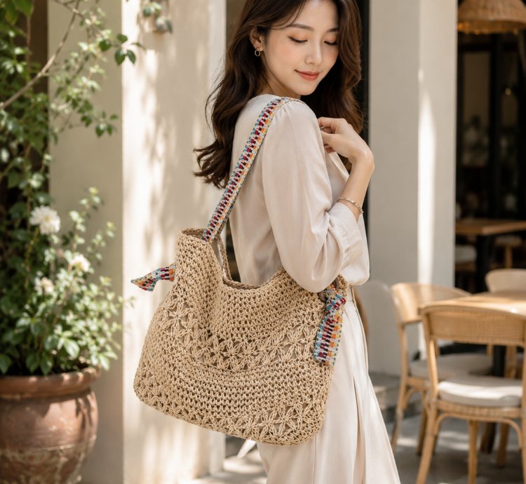 Handmade Woven Rattan Beach Tote Bag