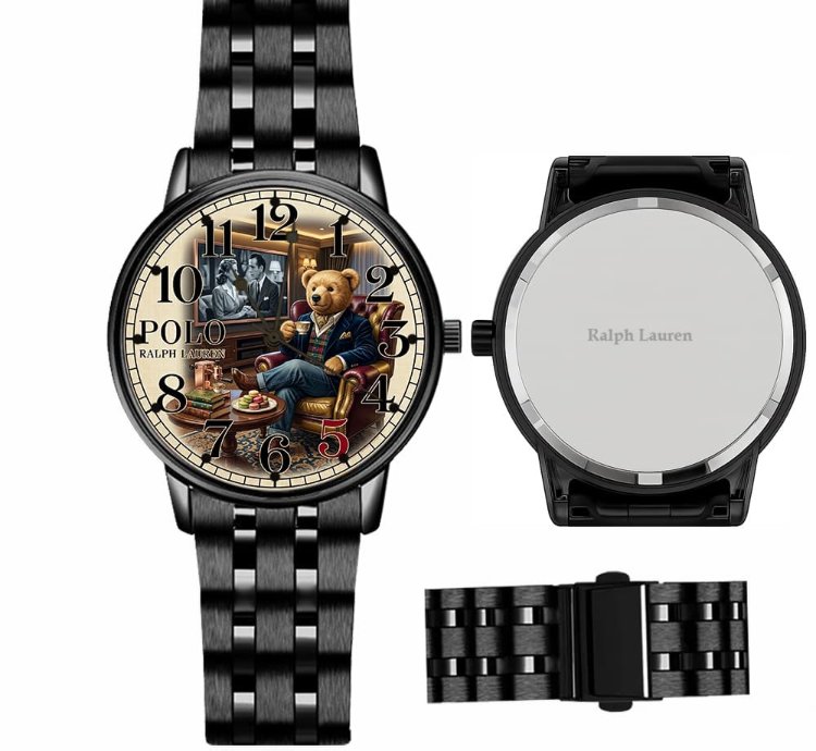 Luxury Gentleman Teddy Bear Cream Dial Mens Watch222 Black Steel