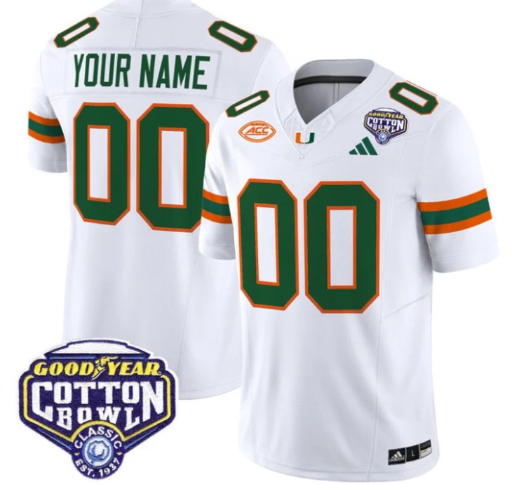 Custom Miami Hurricanes Jersey Name Number 2025 Cotton Bowl Patch Stitched White