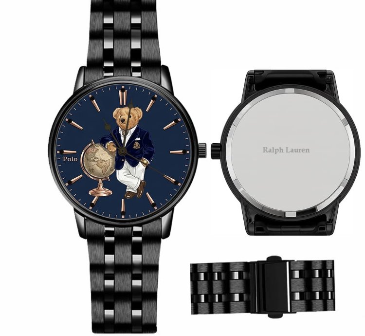 Elegant World Map Bear Navy Dial Mens Watch236 Black Steel