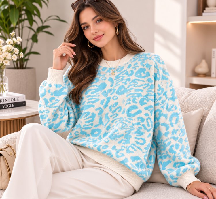 Womens Oversized Leopard Knit Sweater Blue Super Soft Premium Crewneck Pullover Cozy Thick Lightweight Jumper For Fa
