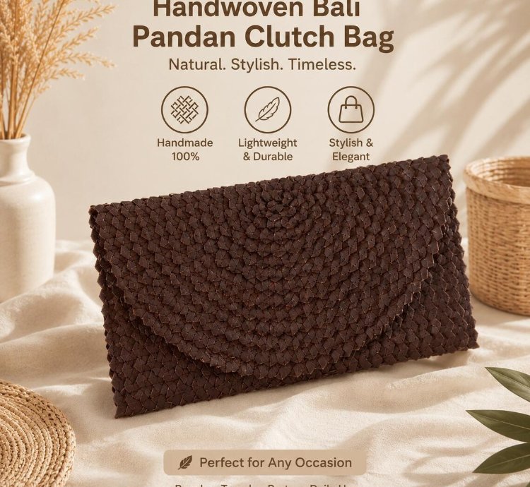 Handwoven Bali Pandan Clutch Bag Natural Woven Envelope Purse For Women Boho Summer Handbag In Brown