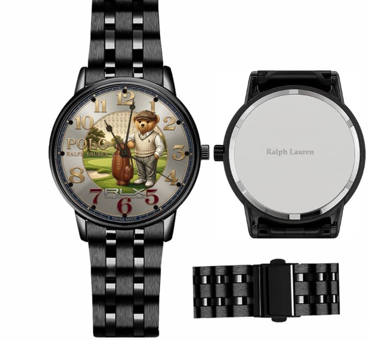Sporty Golf Teddy Bear Theme Mens Wrist Watch223 Black Steel