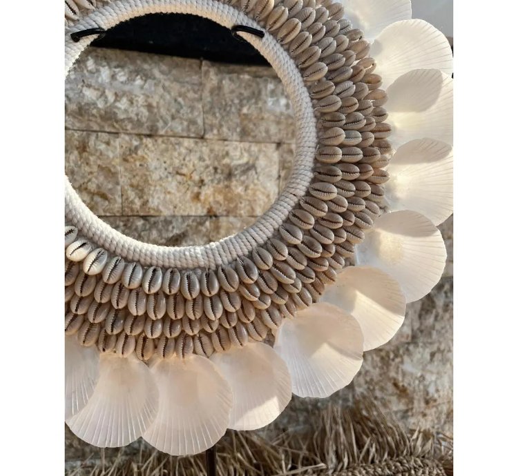 Handcrafted Cowrie Shell Sculpture Bali Coastal Boho Decor On Stand Design 1