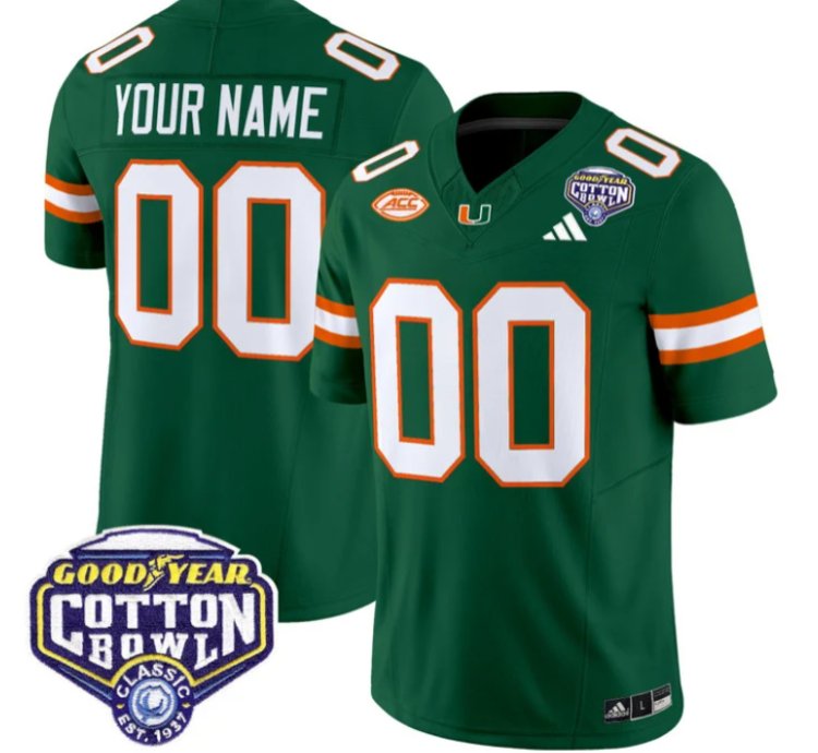 Custom Miami Hurricanes Jersey Name Number 2025 Cotton Bowl Patch Stitched Green