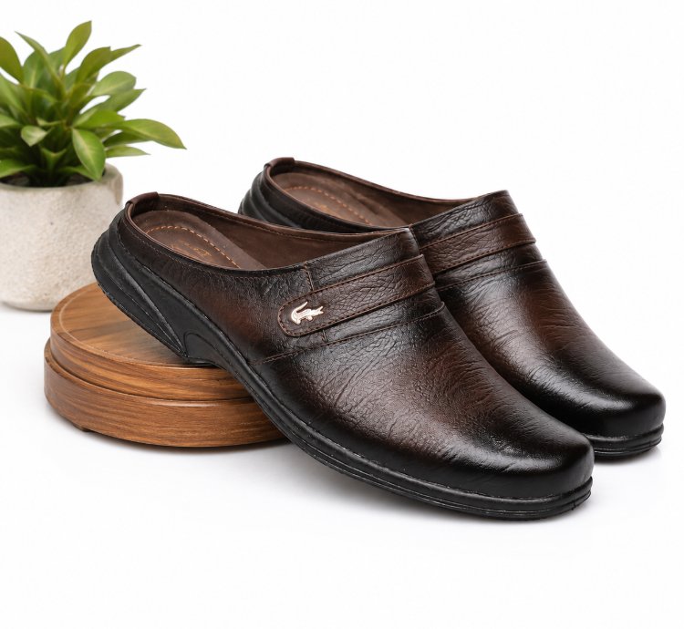 Mens Genuine Leather Slip-on Mule Sandals In Brown