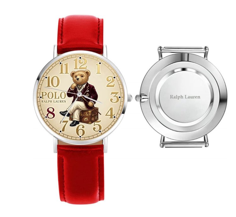 Preppy Dapper Sitting Bear Cream Dial Mens Watch235 Leather Red