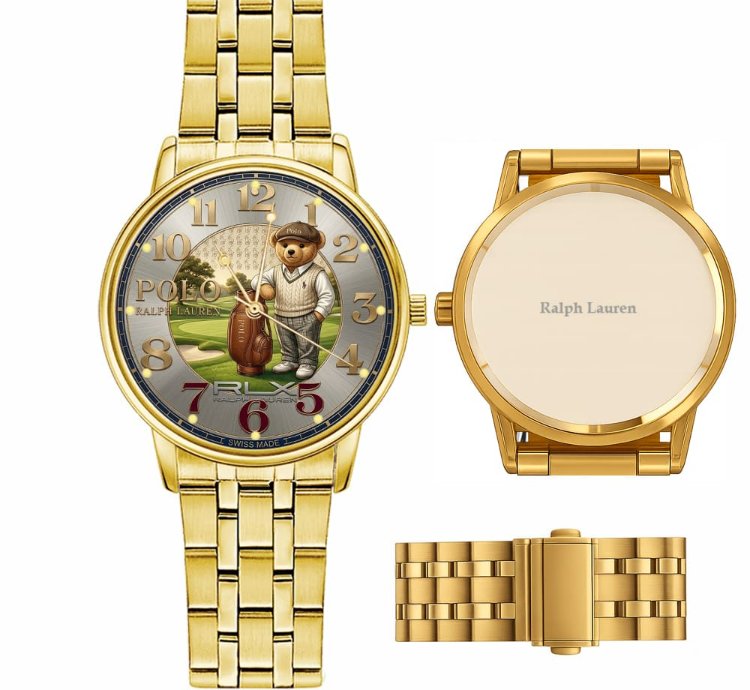 Sporty Golf Teddy Bear Theme Mens Wrist Watch223 Gold Steel