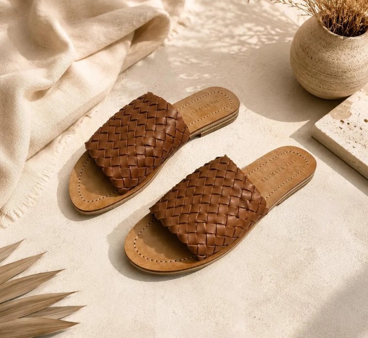 Handmade Bali Leather Slide Sandals Minimalist Boho Summer Flats In Caramel