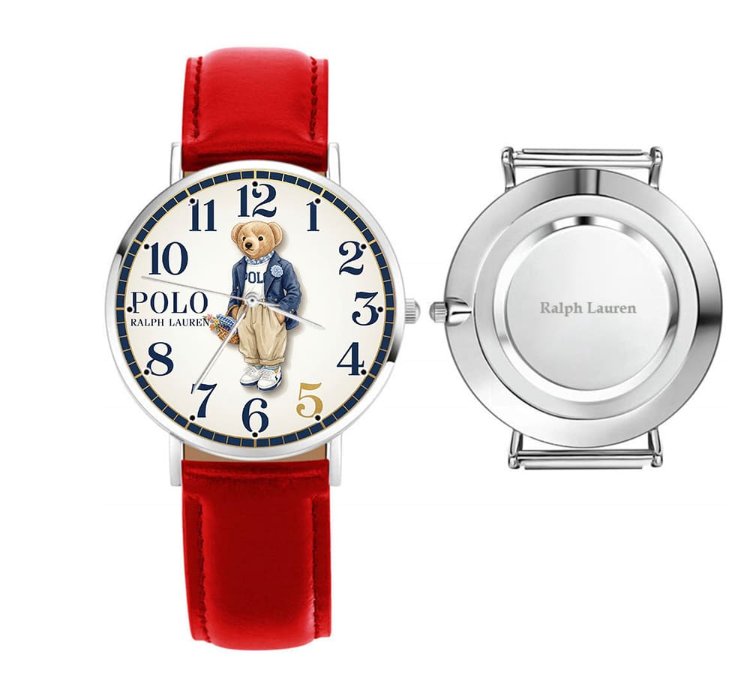 Elegant Preppy Flower Basket Bear Cream Dial Watch237 Leather Red