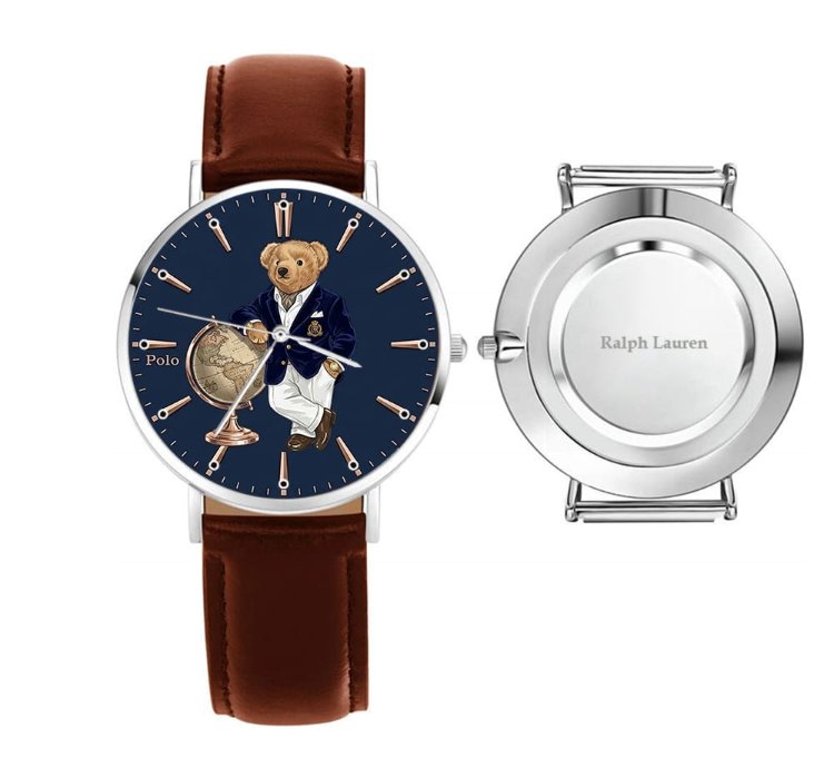 Elegant World Map Bear Navy Dial Mens Watch236 Leather Brown