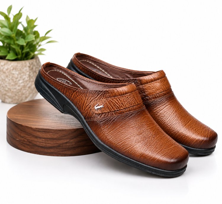Mens Genuine Leather Slip On Sandals In Tan