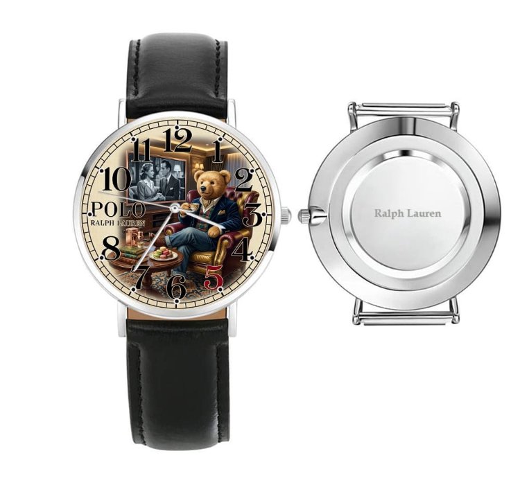 Luxury Gentleman Teddy Bear Cream Dial Mens Watch222 Leather Black