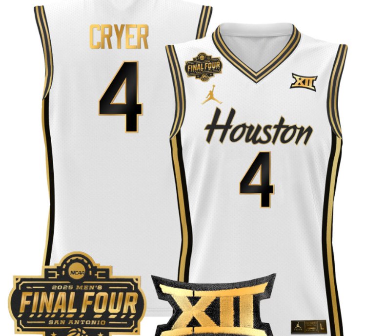 Lj Cryer Jersey 4 Houston Cougars 2025 Final Four Patch Stitched White Gold