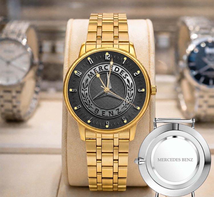 Mercedes Benz Sport Car Mens Watch Brake Caliper Dial Gold Metal Strap