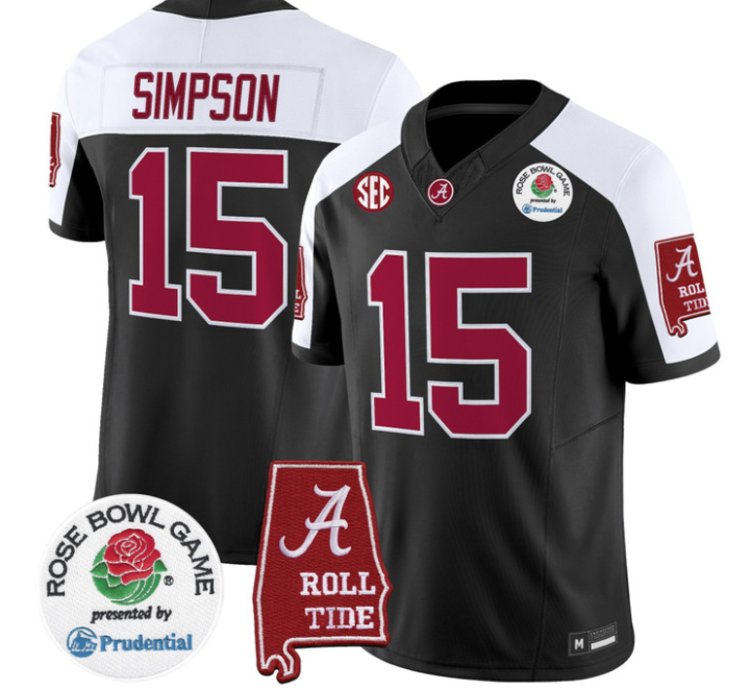 Ty Simpson Jersey 15 Alabama Crimson Tide 2026 Rose Bowl Patch Stitched Black Alter