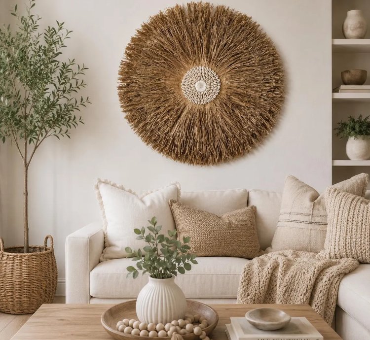 Handmade Rattan Wall Decor Boho Ethnic Geometric Shell Hanging 50cm