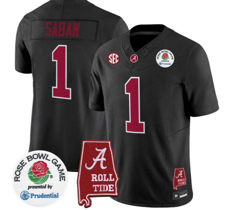 Nick Saban Jersey 1 Alabama Crimson Tide 2026 Rose Bowl Patch Stitched Black
