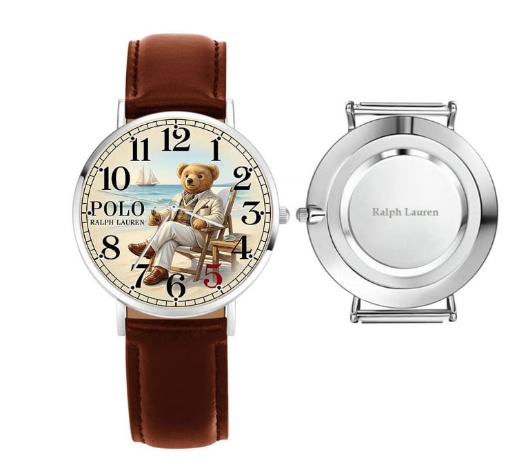 Sleek Beach Teddy Bear Illustration Mens Wrist Watch224 Leather Brown