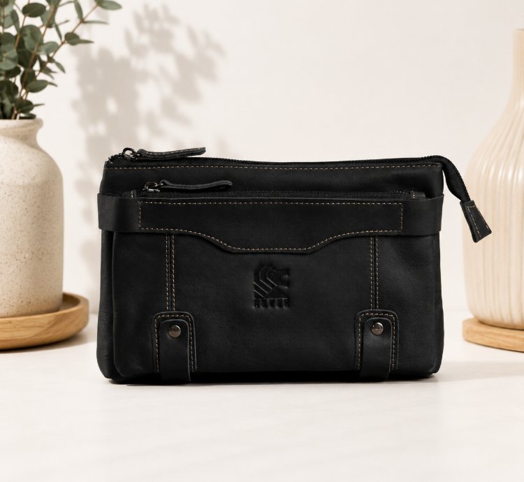Premium Full Grain Crazy Horse Leather Mens Clutch In Black