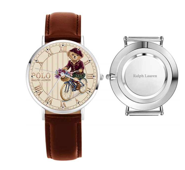 Elegant Vintage Cycling Bear Cream Dial Wrist Watch233 Leather Brown