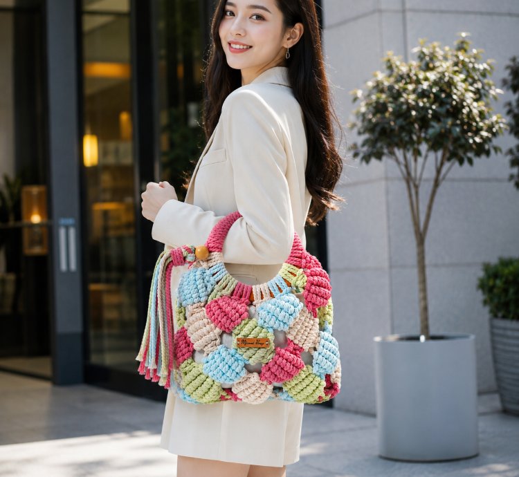 Handmade Macrame Crochet Shoulder Bag Colorful Boho Woven Purse For Women