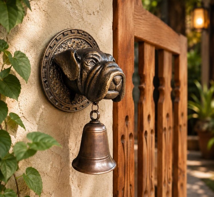 Vintage Bulldog Brass Door Bell Antique Style Wall Hanging Rustic Gate Decor