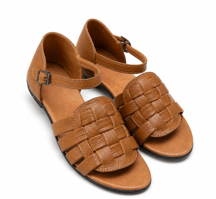 Womens Genuine Leather Sandals Handmade Brown Ankle Strap Slip On Summer Sandals Comfortable Cow Leather Casual Flat ...