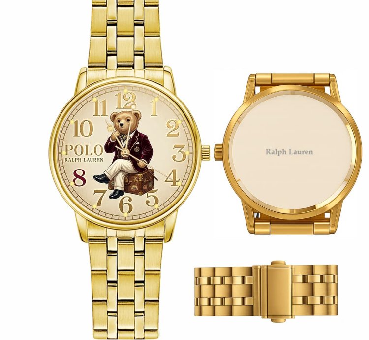 Preppy Dapper Sitting Bear Cream Dial Mens Watch235 Gold Steel