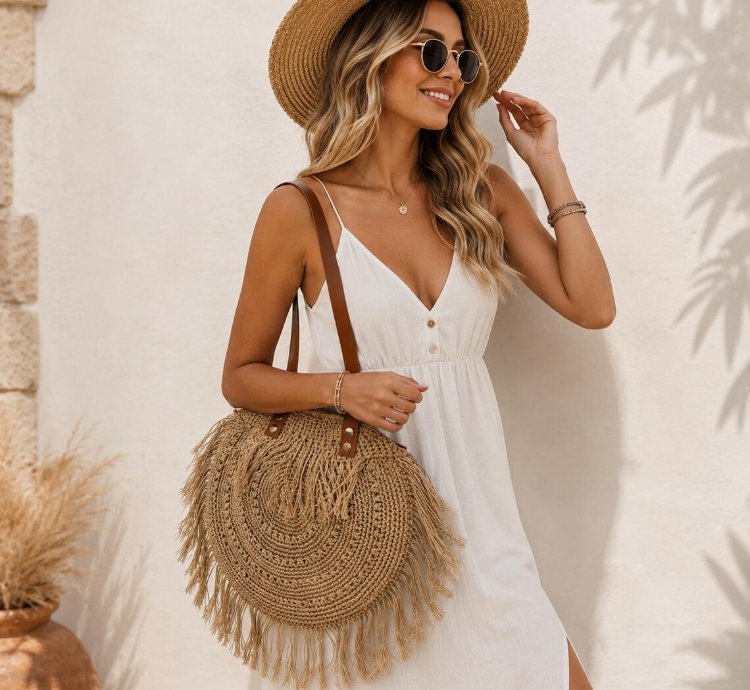 Handmade Crochet Fringe Tote Bag Boho Round Shoulder Purse Bali Woven Beach Handbag