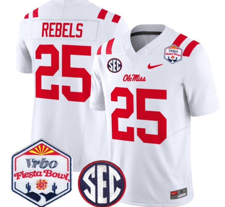 Rebels 25 Ole Miss Rebels Football Jersey 2026 Fiesta Bow Vapor Patch All Stitched