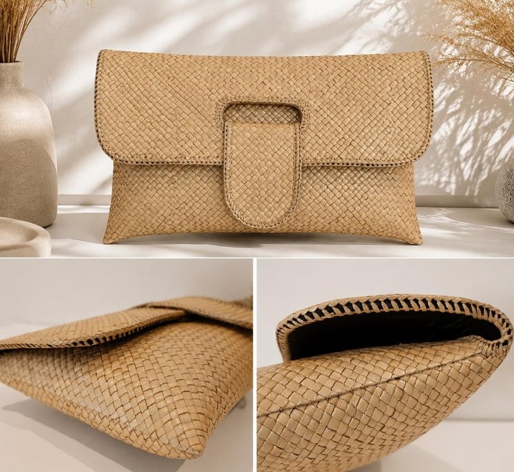 Handwoven Pandan Clutch Bag Natural Woven Evening Purse Eco Friendly Straw Handbag