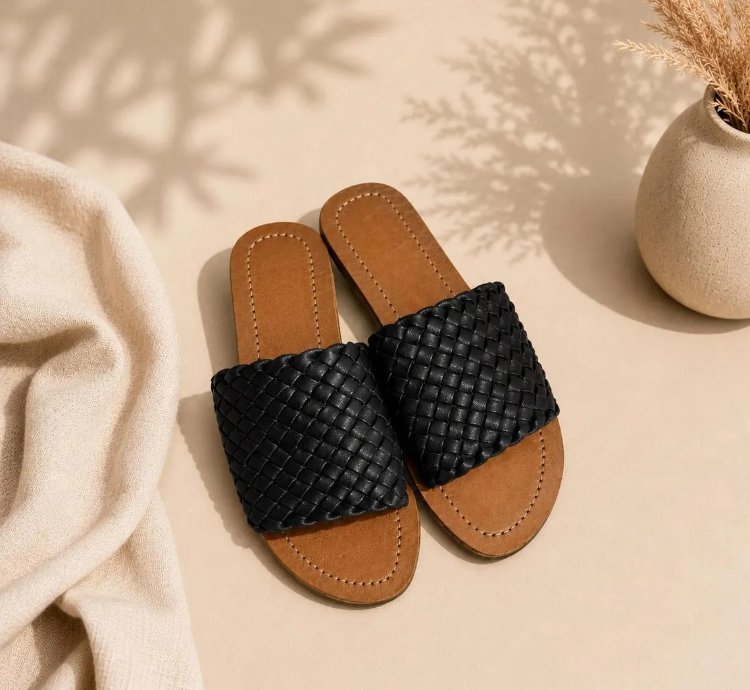 Handmade Bali Leather Slide Sandals Minimalist Boho Summer Flats In Black