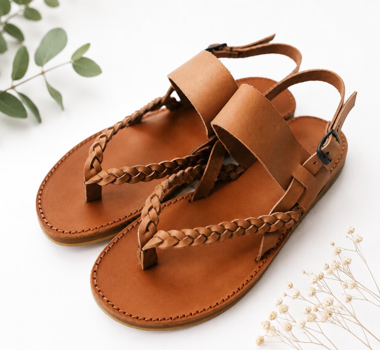 Handmade Genuine Leather Braided Sandals For Women Boho Flat Sandals Brown Summer Shoes Comfortable Artisan Leather G...