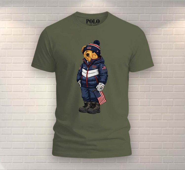 Patriotic American Bear Shirt Military Green