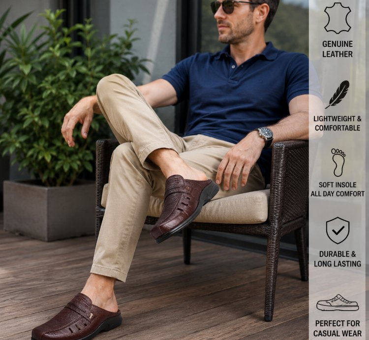 Mens Genuine Leather Mule Sandals Premium Cowhide Slip On Shoes Casual Comfortable Walking Sandals In Tan