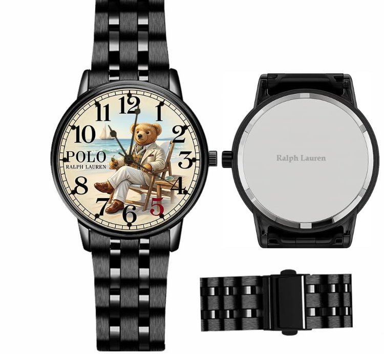 Sleek Beach Teddy Bear Illustration Mens Wrist Watch224 Black Steel