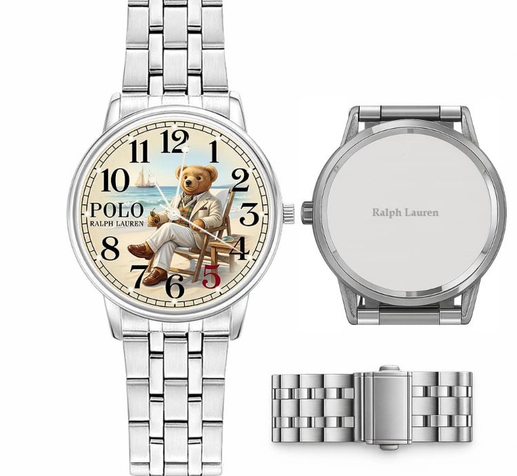 Sleek Beach Teddy Bear Illustration Mens Wrist Watch224 Silver Steel